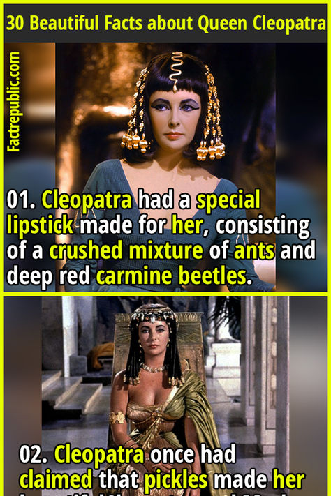 01. Cleopatra had a special lipstick made for her, consisting of a crushed mixture of ants and deep red carmine beetles. #women #female #woman #cleopatra #queen #history #fashion Cleopatra Facts, Cleopatra Movie, Pharaohs Concubine, Cleopatra Beauty, History Egypt, Women Things, Mark Antony, Queen Cleopatra, Fact Republic