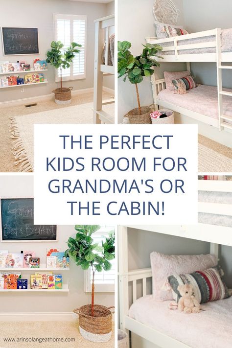 Plan a simple, small, functional bedroom for kids! This is perfect for a room at grandma's house or at the cabin. Create a cozy place to play and sleep at the grandparent's house! Grandchildren Room Ideas Bunk Bed, Small Grandkids Room, Spare Bedroom For Grandkids, Bedrooms For Grandkids, Bedroom Ideas For Grandparents, Grandchildren Room Bedrooms, Spare Bedroom Ideas For Grandchildren, Grandchildrens Bedroom Ideas, Toy Room At Grandmas House