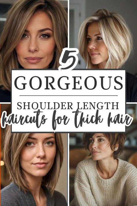 These shoulder length haircut ideas are perfect for fall! Haircuts For Shoulder Hair Length, Fall Medium Haircuts, Haircuts For 2023 Women Medium, Just Below Shoulder Haircut, Straight Thick Shoulder Length Hair, Shoulder Length Hair For Brunettes, Short To Shoulder Length Hair, Collarbone Length Hair Middle Part, Shoulder Length Hair All One Length