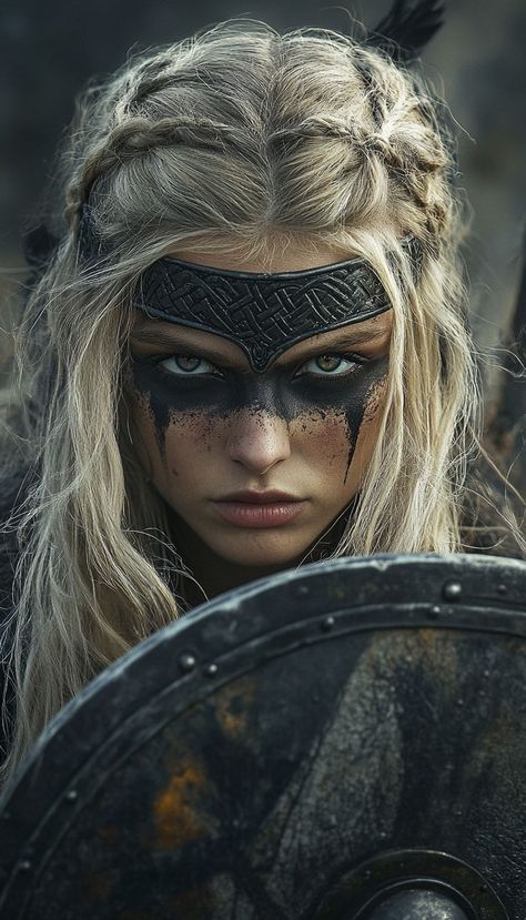 Warrior Eye Makeup, Viking Costume Ideas Women, Viking Warrior Woman Costumes, Viking Shield Maiden Costume, Celts Warrior, Got Cosplay, Women Viking Warrior, Amazoness Warrior, Viking Woman Aesthetic