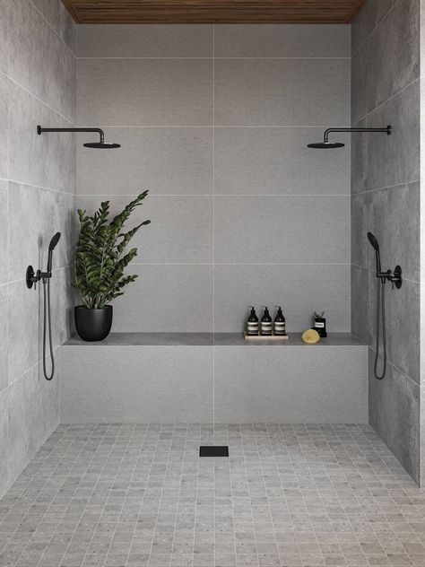 Grey Stone Tile Bathroom, Bathroom Scandinavian Style, Natural Stone Tile Bathroom, Grey Stone Tiles, Stone Tile Bathroom, Gray Shower Tile, Deco Tile, Bedrosians Tile, Grey Subway Tiles