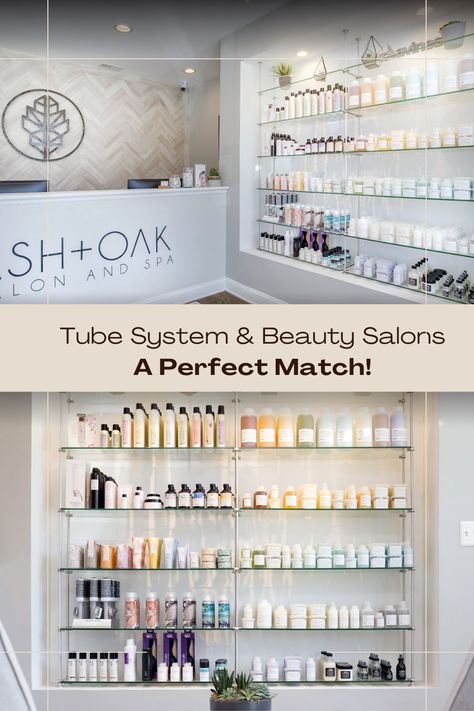 Beauty Salons & Retail – A Perfect Match!
Coming straight from the salon feels great! Customers smell and look fantastic and are often willing to spend a lot on retail salon products to keep that feeling going! 
ASH+OAK Salon and Spa with Celing to Floor Tube Shelving System
#Display Shelves
#Retail Wall Display
#Glass Shelves
#salon 
#spa 
#beauty 
#pharmacy Hair Product Shelf Salon, Hair Extension Retail Display, Beauty Salon Shelves Product Display, Hair Salon Retail Shelves, Salon Decor Studio, Decor Studio, Retail Displays, Beauty Salons, Salon Ideas