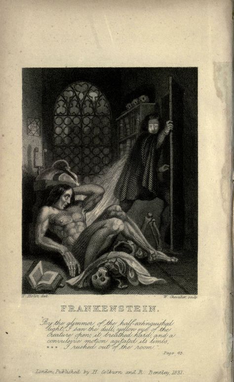 FRANKENSTEIN. “By the glimmer of the half-extinguished light, I saw the dull, yellow eye of the creature open; it breathed hard, and a convulsive motion agitated its limbs, *** I rushed out of the room.” Page 43. ('Frankenstein,' inside-cover of the third edition printing in 1831). Frankenstein Mary Shelley, Mary Shelly, Frankenstein By Mary Shelley, Horror Writing, Modern Prometheus, Percy Bysshe Shelley, The Modern Prometheus, Mary Wollstonecraft, Mary Shelley Frankenstein