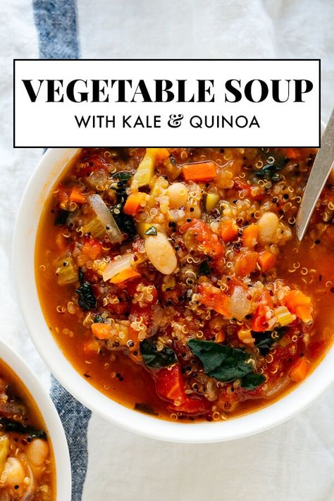 This hearty quinoa vegetable soup recipe is easy to make and so good for you, too! Warm up with a bowl tonight, and bring leftovers for lunch tomorrow! #cookieandkate #soup #comfortfood #superfoods #healthyrecipe Vegetable Soup With Kale, Veggie Quinoa Soup, Vegan Detox Soup, Soup With Quinoa, Quinoa Soup Recipes, Quinoa Vegetable Soup, Soup With Kale, Quinoa Kale, Quinoa Soup