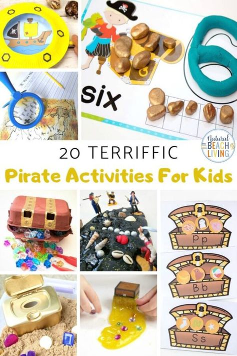 20+ Pirate Activities for Kids - Fun and Unique Ideas - Natural Beach Living, These Pirate Activities for kids are perfect for preschool and Kindergarten children to play with and create! You'll have a blast right along with them. Pirate activities are great to add to an Under the Sea Theme, Ocean Activities, or for a summer preschool theme. Pirate Treasure Chest Craft, Pirate Crafts For Kids, Pirate Activities For Kids, Summer Preschool Themes, Pirate Preschool, Pirates And Princesses, Pirate Week, Pirates Theme, Pirate Ideas