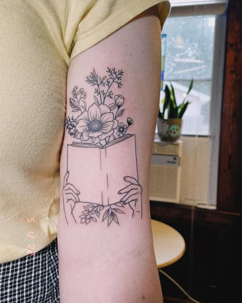 Flowers Coming Out Of Book Tattoo, Book Tattoos With Flowers, Book Floral Tattoo, Calf Muscle Tattoo For Women, Book Tatoos Woman, Lady Flower Tattoo, Reading Tattoo Ideas, Arm Filler Tattoo Ideas, To Whatever End Tattoo