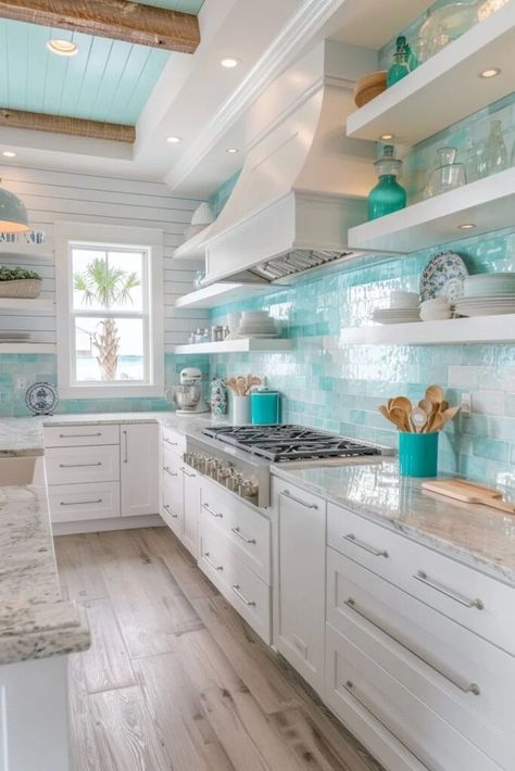 29 Coastal Kitchen Designs to Create a Beachy Haven Beachy Backsplash, Beach House Kitchen Cabinets, Beach Condo Kitchen, House Kitchen Cabinets, Beach Kitchen Ideas, Coastal Cottage Kitchen, Window Scenery, Marsh House, Living Room Addition