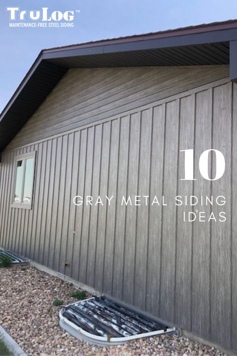 Gray Metal Siding House, Wood Grain Metal Siding, Barndo Colors, Trulog Siding, Steel Siding House, Dark Grey Siding, Metal Siding House, Metal Siding Colors, Stained Wood Beams