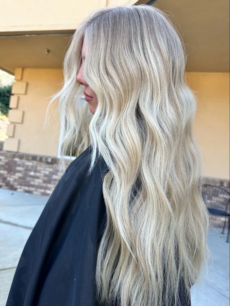 Hair Bright Blonde Extensions, Bright Blonde Hair Dark Roots, Blended Bright Blonde, Icy Blonde With Dimension, Platinum Blonde Hair With Dimension, Bright Blonde With Shadow Root, Blended Roots Blonde, Bright Blonde Hair With Dimension, Dimensional Warm Blonde