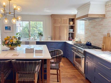 Navy Lower Cabinets Wood Upper, Blue And Wood Cabinets, 3 Colour Kitchen Cabinets, Blue And Natural Wood Kitchen, Current Kitchen Trends, Built In Sideboard, Navy Kitchen Cabinets, Blue And Wood, Natural Wood Kitchen Cabinets