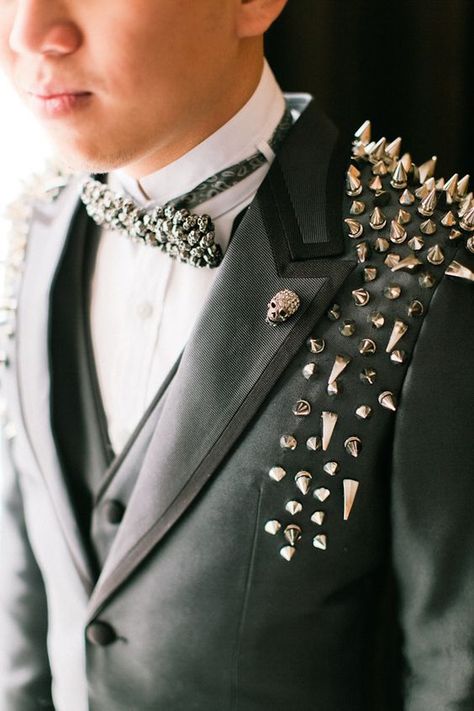 Groom's Suit with Studs and Skulls | Edgy Wedding Punk Groom, Punk Wedding Dresses, Punk Prom, Punk Rock Wedding, Rocker Wedding, Gothic Inspiration, Punk Wedding, Groom's Attire, Dark Wedding Theme