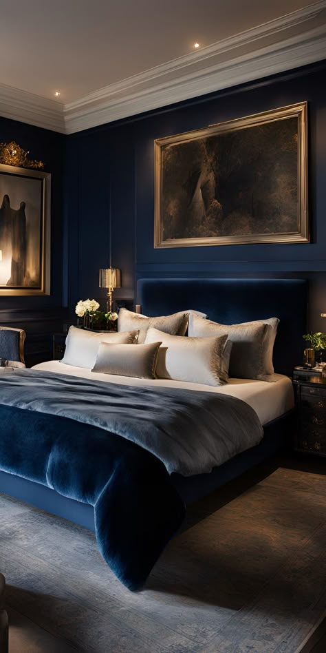 A timeless dark blue bedroom with classic decor and elegant furnishings. Blue Bedroom Inspirations, Dark Blue Bedroom Ideas, Dark Blue Curtains, Dark Blue Houses, Dark Blue Rooms, Guys Bedroom, Dark Academia Home, Dark Blue Bedroom, Blue Nightstands