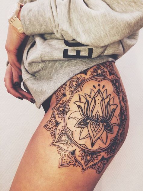 11 Impressive Leg Tattoo Designs for Females – EntertainmentMesh Lotis Tattoo, Hips Tattoo, Divorce Tattoo, Mandala Hip Tattoo, Tattoos For Women On Thigh, Butterfly Thigh Tattoo, Mandala Thigh Tattoo, Wildflowers Tattoo, Bali Tattoo