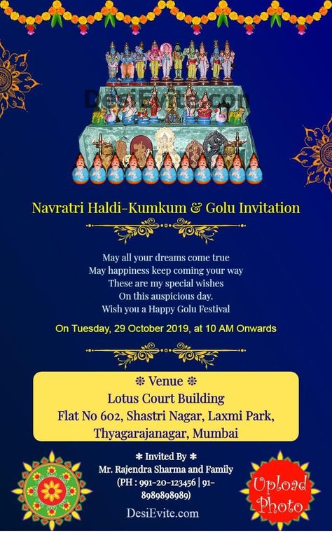 Create golu invitation card for whatsapp, invitation card for Golu and Kumkumam, kolam. Create online with instant download. option to upload photo. #navratriinvitationcard #onlinenavratriinvitation #desievite.com #navratrigoluinvitationcard Navarathri Invitation, Navarathri Golu Invite, Navratri Invitation Card, Navratri Invitation, Reception Invitation Wording, Navaratri Golu, Elmo Birthday Invitations, Festival Invitation, Unique Wedding Invitation Wording