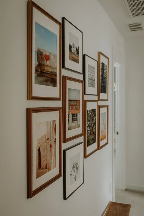 Gallery Wall Around One Large Picture, Gallery Wall Vertical And Horizontal, Modern Family Gallery Wall, Office Wall Gallery Ideas, Gallery Wall With Color Photos, Full Wall Photo Gallery, Gallery Wall Ideas Photos, 8x8 Gallery Wall, Mix And Match Picture Frames