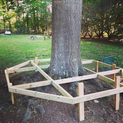 This weekend's project was building a tree bench around one of the large live oak in our backyard. It is an octagon measuring 4 feet per… | Instagram Bench Around Tree Trunk, Diy Tree Platform, Bench Around Tree Diy, Deck Around Tree, Bench Around Tree, Boom Bank, Deck Around Trees, Bench Around Trees, Tree Seat