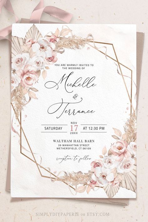 Pampas Grass Invitation, Engagement Card Design, Simple Wedding Invitation Card, Dusty Pink Wedding, Digital Wedding Invitations Templates, Rustic Invitation, Engagement Invitation Cards, Muslim Wedding Invitations, Unique Wedding Cards