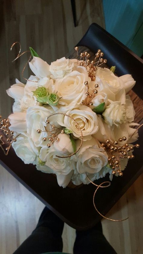 White And Gold Wedding Flowers Bridal Bouquets, White And Gold Flower Bouquet Prom, Bridal Bouquet Gold And White, Gold Prom Flowers Bouquet, Black White And Gold Flower Bouquet, Prom Bouquet For Gold Dress, Prom Bouquet Gold Dress, Gold Dress Bouquet, Bridal Bouquet With Gold Accents