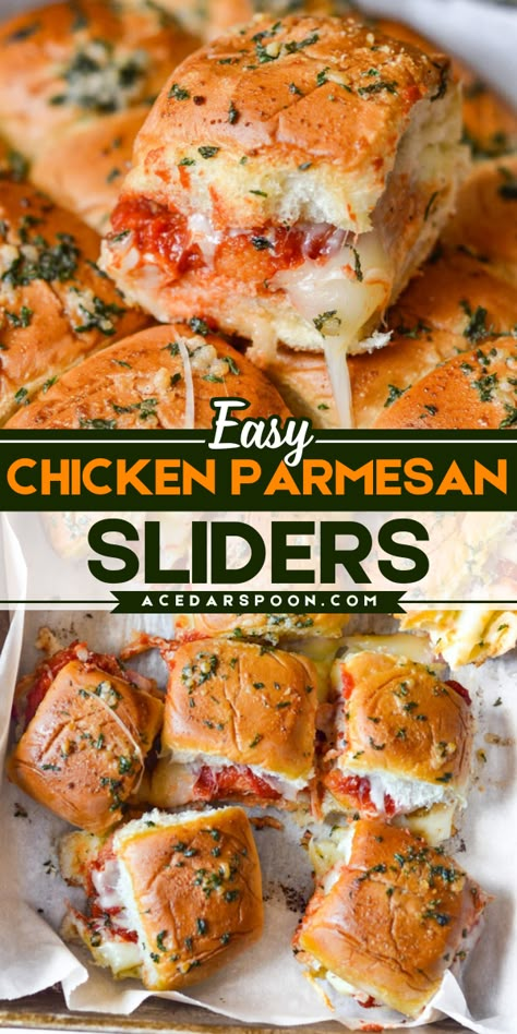 Easy Chicken Parmesan Sliders are simple to make and great for a quick weeknight meal or for tailgating season. Hawaiian sweet rolls are topped with chicken tenders, tomato sauce, shredded cheese and topped with the buns along with spices. The sliders are baked until warm and the cheese is melting. Your family will love these! Hawaiian Roll Sliders Chicken Parm, Chicken Marinara Sliders, Meals Using Chicken Tenders, Chicken Parm Sliders Chicken Nuggets, Dinner With Buns Idea, Shredded Chicken Parm Sliders, Easy Bbq Chicken Sliders, Chicken Parmigiana Sliders, Sliders Recipes Hawaiian Rolls Burger