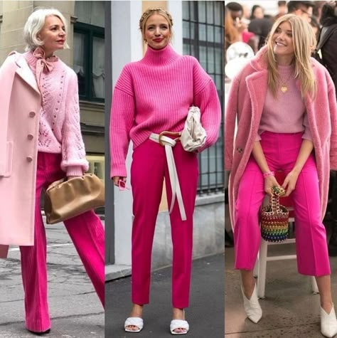 Pink Patent Boots Outfit, Pink Monochromatic Outfit Winter, Pink Pants Outfit 2023, Fuschia Work Outfit, Fuschia Trousers Outfit, Fuschia Outfit Ideas, Hot Pink Flats Outfit, Fuschia Pants Outfit Work, Hot Pink Pants Outfit Winter