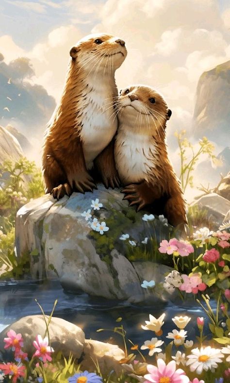 Thanks Wallpaper, Colouring By Numbers, Otter Illustration, Otter Art, River Otters, Cute Bunny Pictures, Creature Artwork, Family Painting, Free Hand Drawing