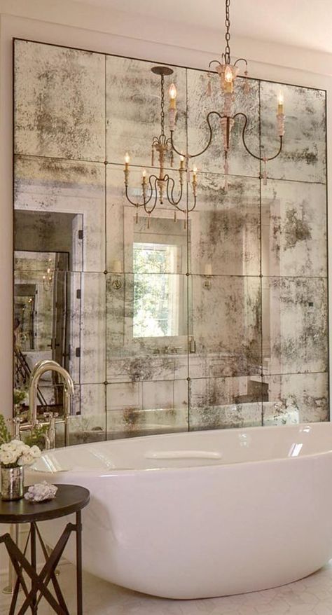 Apartment Bathroom Design, Antique Mirror Diy, Antique Mirror Tiles, Antique Mirror Glass, Modern Home Decor Bathroom, French Country Bathroom, Antique Mirror Wall, Bathroom Furnishings, Mirrored Wall