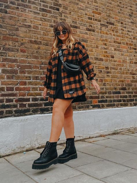 Midsize Outfits Casual Grunge, Date Night Grunge Outfit, 90s Fashion Doc Martens Outfit, Over Sized Outfits Women, Punk Brunch Outfit, Fall Outfits Women Alternative, Short Dress With Doc Martens, Midsize Dr Martens Outfit, Plus Size Concert Outfit Fall