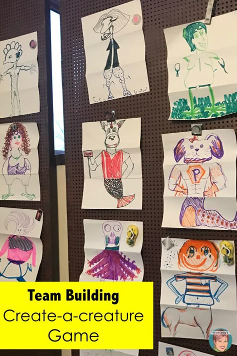 Team building activity for adults - create-a-creature drawing game. Team Building Activities For Adults, Group Games For Adults, Art Games For Kids, Teamwork Games, Building Games For Kids, Art With Jenny K, Fun Team Building Activities, Small Group Games, Activity For Adults