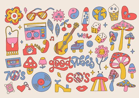 Hippy Stickers, Groovy Elements, Positive Symbols, Vintage Aesthetic Retro, Heart Radio, Retro Quotes, Daisy Flowers, Hippie Art, Retro Illustration