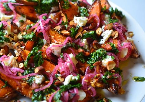 Roast Sweet Potatoes, Yotam Ottolenghi Recipes, Ottolenghi Recipes, Goat Cheese Recipes, Yotam Ottolenghi, Pickled Onions, Edamame, Roasted Sweet Potatoes, Cheese Recipes