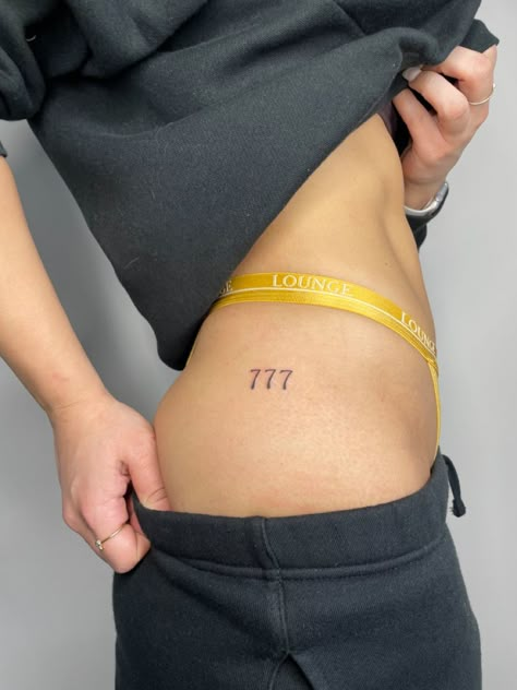 Angel Number Leg Tattoo, 777 Tattoo Placement, Angel Number Hip Tattoo, 444 Hip Tattoo, 444 Tattoo Hip, Angel Number Tattoo Placement, Number Tattoo Placement, 777 Tattoo Design, 777 Angel Number Tattoo