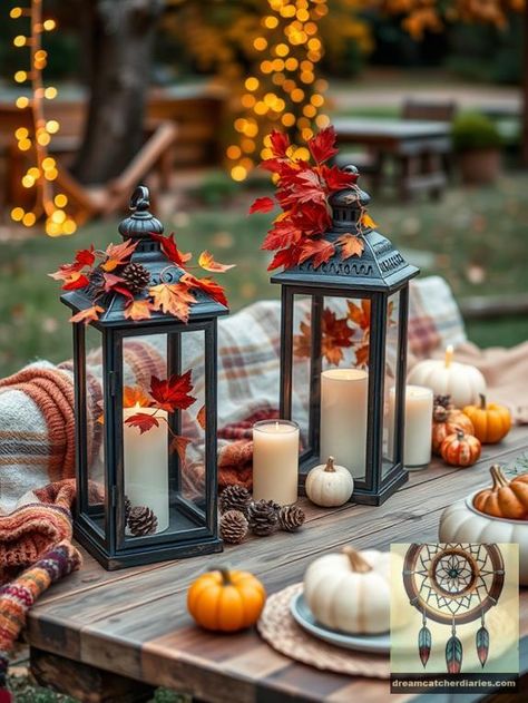 Elevate your fall decor with seasonal lanterns. These charming accents not only illuminate your space but also create a welcoming atmosphere when filled with candles or natural elements like pinecones and leaves. Discover how to transform your gatherings into memorable celebrations, enhancing the enchanting experience of autumn. #diy #dreamcatcher #boho #natural Boho Fall Decor, Outdoor Fall Decor Ideas, Bohemian Decor Inspiration, Diy Dreamcatcher, Outdoor Fall Decor, Fall Color Schemes, Autumn Diy, Diy Boho Decor, Rustic Pumpkin