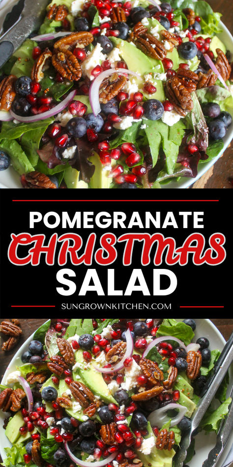 Blueberry Pomegranate Feta Salad is the perfect stunning Christmas salad for the holidays this year! Brimming with festive pomegranate seeds, fresh blueberries, creamy avocado and candied pecans, it's a delightfully sweet and salty combination your guests will love! Easy too, this Christmas Salad with pomegranate seeds is ready in 20 minutes! Cranberry Blueberry Salad, Salad With Pomegranate Seeds Holidays, Holiday Salad With Pomegranate, Salad Recipe For Christmas Dinner, Pomogranette Salads, Christmas Salad Pomegranate, Pomegranate Seed Salad, Christmas Winter Salad, Salad With Pomegranate Seeds Feta