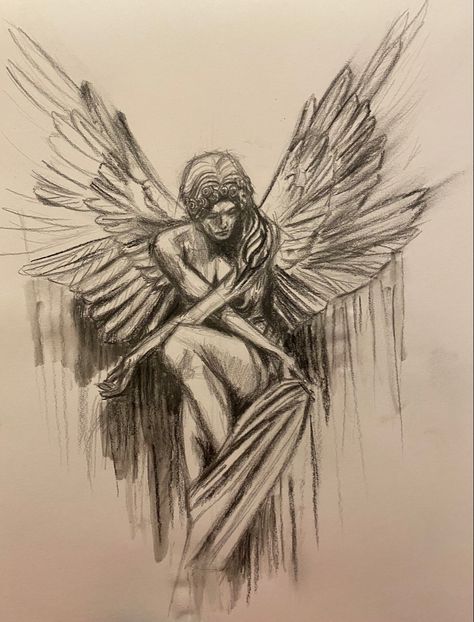 Angel Sketch Aesthetic, Art Inspo Drawing Sketches, Angels Drawing Reference, Old Art Drawing, Realistic Angel Drawing, Horizontal Sketches, Angelic Drawings, Person With Wings Drawing, Drawing Ideas Angel