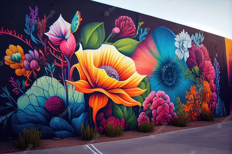 Premium AI Image | Urban graffiti art featuring mural of vibrant flower garden Murals Street Art Wall, Garden Graffiti, Mural Texture, Exterior Fence, Graffiti Art Style, Flower Garden Images, Mural Inspiration, Graffiti Flowers, Course Ideas