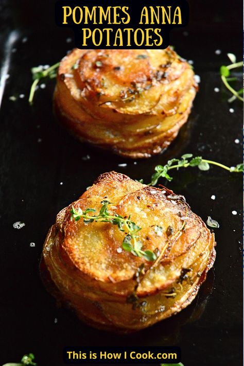 These muffin cup Pommes Anna are really just crisp and golden potatoes on the outside, while creamy and tender within. Impress everyone with this easily made side dish and have them begging for more. #pommesannarecipe #pommesannamuffin #pommesanna #pommesannapotatoes Anna Potatoes Recipe, Potatoes Anna Recipe, Muffin Pan Potatoes, Pommes Anna Potatoes, Pommes Anna Recipe, Potatoes Anna, Pommes Anna, Golden Potatoes, Muffin Cup