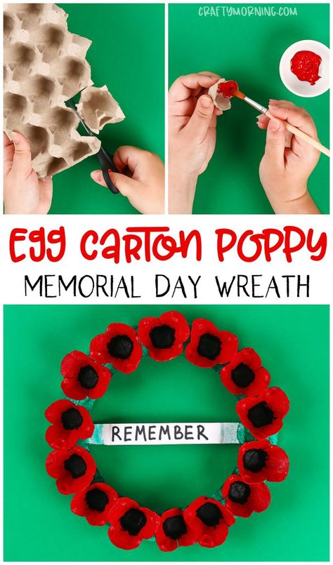 Make a egg carton poppy memorial day wreath for a kids craft! Also using a paper plate for the wreath. Kids memorial day poppy flower art project. Poppy Memorial Day, Paper Plate Poppy Craft, Anzac Day Craft, Memorial Day Poppy, Flower Art Project, Remembrance Day Crafts, Memorial Day Poppies, Poppy Craft For Kids, Remembrance Day Activities