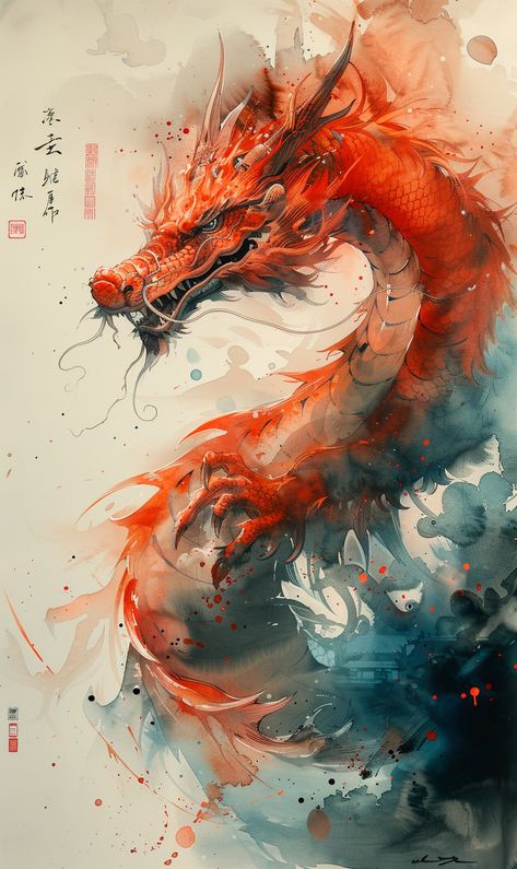 Long Spiraling Japanese Style Dragon Illustration Watercolor Dragon Drawing Watercolor, Korean Dragon Art, Watercolor Art Dragon, Chinese Dragon Watercolor, Dragon Watercolor Painting, Japan Dragon Art, Japanese Dragon Illustration, Fantasy Dragon Illustration, Dragon Acrylic Painting