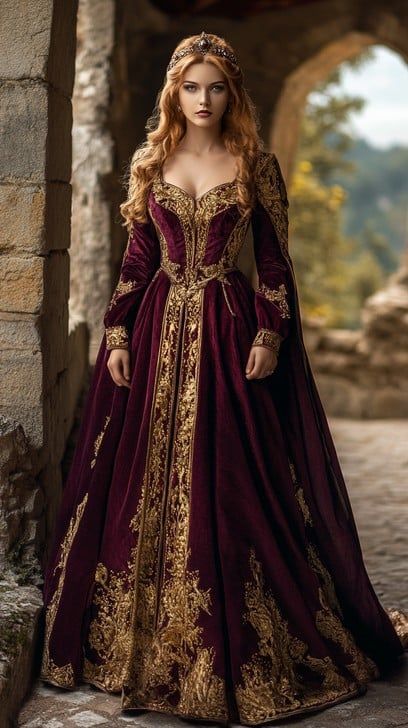 An elegant woman portraying a medieval queen stands within an ancient stone archway. Her majestic gown, resplendent in deep maroon and embellished with intricate gold embroidery, cascades beautifully to the ground. The luxurious fabric and royal design of her attire suggest she is of high status, possibly royalty. Her gaze is serene yet commanding, enhanced by her finely crafted golden tiara, which adds to her regal bearing. The historical ambiance is enhanced by the rustic stone walls surroundi Middle Age Dress Medieval Gown, Medieval Fantasy Dress Princesses, Medieval Gowns Royals, Medieval Dress Royal, Medieval Clothing Royal, Medieval Queen Dress, Medieval Royalty Aesthetic, Medieval Ball Gown, Princess Dress Medieval