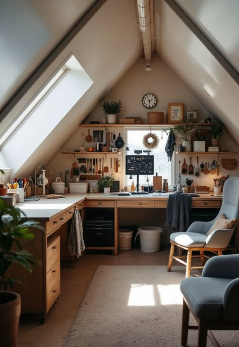 Small attic room ideas Slanted Ceiling Desk, Small Attic Craft Room, Attic Wall Painting Ideas, Attic Workspace Office, Attic Office And Bedroom, Attic Renovation Office, Art Studio In Attic, Attic Roof Design, Attic Sitting Room Ideas