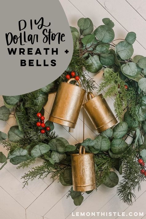 Diy Bell Christmas Decorations, Diy Bell Christmas Ornament, Diy Antique Christmas Bells, Making Christmas Bells, Diy Large Bells, Cow Bells Christmas Decor, Diy Faux Christmas Bells, Diy Rustic Christmas Bells, Diy Gold Bells