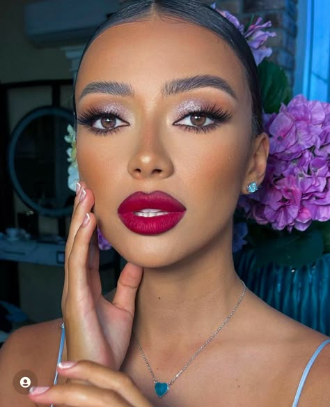 Smoky Eyes And Red Lips Make Up, Red Lipstick Makeup Round Face, Neutral Makeup With Red Lips, Wedding Makeup Hollywood Glam, Wedding Day Makeup Red Lips, Wedding Red Lipstick Brides, Havana Nights Makeup Look, Red Lipstick Wedding Makeup Brides, Wedding Guest Makeup Red Lips