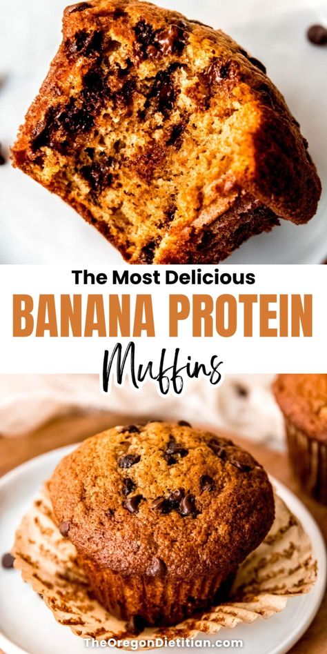 Banana Protein Muffins - The Oregon Dietitian Protein Recipe With Banana, Banana Bread Muffins Protein, Freezer Protein Muffins, While 30 Muffins, Healthy Protein Banana Recipes, Easy Protein Banana Muffins, Protein Banana Chocolate Chip Muffins, Banana Protein Powder Muffins, Protein Banana Nut Muffins