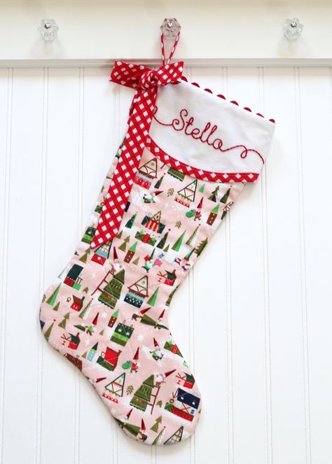 First Christmas Stocking, Pink Stocking, Sew Embroidery, Christmas Stockings Sewing, Santa Elves, Stocking Ideas, Baby Stocking, Personalized Christmas Stocking, Quilted Christmas Stockings