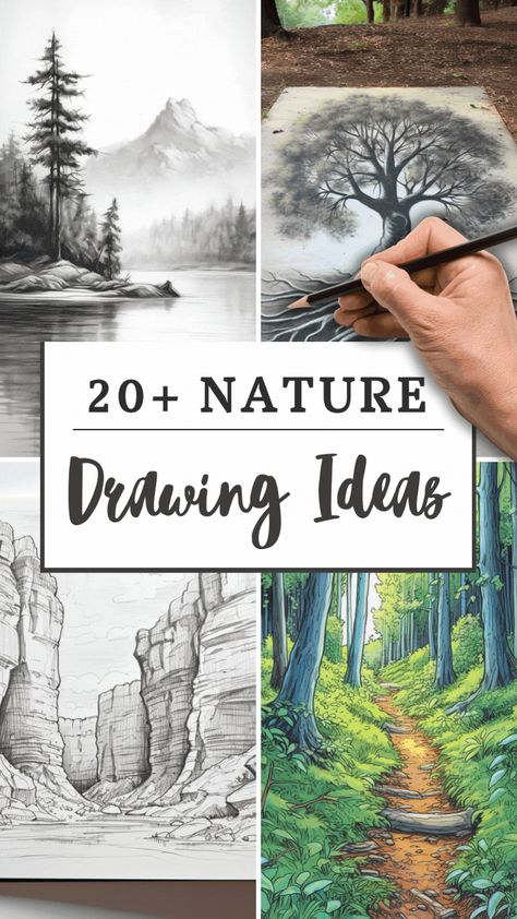 Outdoor Drawings Sketch, Simple Landscape Drawing Ideas, Easy Landscape Drawing Ideas, Drawing Landscapes Pencil, Nature Drawing Ideas Creative Beautiful, Nature Drawing Ideas, Drawing Thoughts, Nature Sketches Pencil, Sketches Landscape