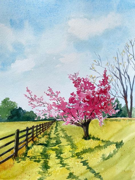 Spring Pictures Drawing, Spring Watercolour Painting, Spring Day Drawing, Spring Tree Drawing, Spring Watercolor Painting Easy, Spring Season Drawing, Spring Tree Art, Spring Watercolor Painting, Spring Sketch