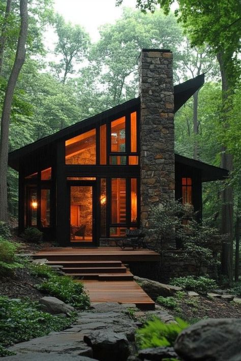 Whimsical Architecture, Forest Houses, Cottagecore Forest, Wooden Path, Stone Chimney, Forest Cottage, Wilderness Lodge, Stone Facade, Frame Cabin