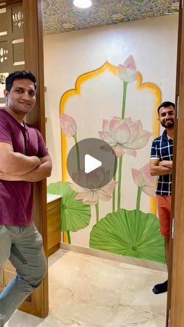 Prakash Garg on Instagram: "Hyderabad Mandir artwork 😇 Made these pastel lotus artwork for a home temple in Hyderabad. DM us if you want to beautify your space with our brush strokes🥰 Acrylic paint on texture wall. This artwork is Inspired by- @ojaswinikambli  Thanks for watching 🙏🏻 . #wallart #wallmural #mandir #templedecor #mandirdecor #hyderabad #indianart #indianartist #lorus #lotusart #pastel #pastelart #artoftheday #minimalart" Wall Painting For Mandir, Pooja Room Wall Painting Ideas, Mandir Wall Art, Krishna Mandir At Home, Lotus Painting On Canvas, Pooja Room Wall Painting, Textured Artwork Diy, Mandir Wall Painting, Lotus Painting On Wall