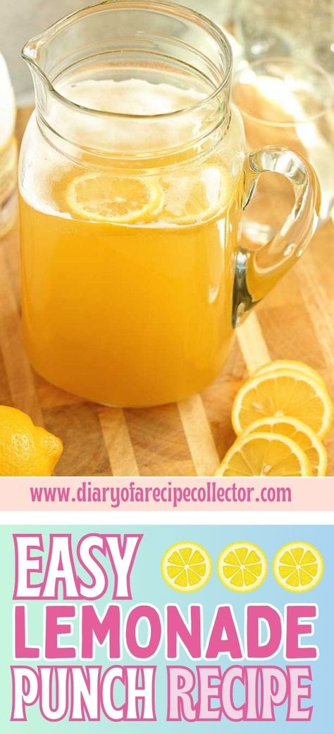 Lemonade Punch - This big batch recipe is perfect for all your gatherings, showers, and parties! Lemonade Sprite Punch, Lemon Punch Recipes, Country Time Lemonade Punch, Lemonade Punch Recipes Non Alcoholic, Yellow Punch Recipe, Lemonade Punch Recipes, Lemonade For A Crowd, Lemonade Recipe For Party, Lemonade Party Punch