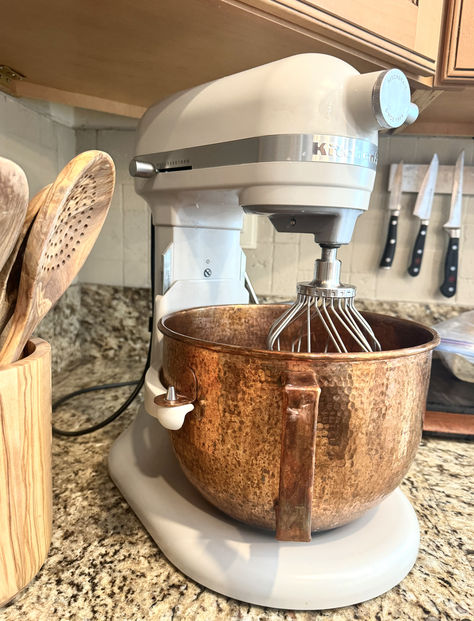 This 100% Copper Kitchenaid Bowl is one of the best purchases I have made for my copper filled kitchen! It's beautiful, functional and should last a lifetime!   #copper #copperkitchen #kitchenaid #kitcheninspo Copper Kitchenaid, Copper Pots Kitchen, Glass Doorknobs, Black Kitchen Ideas, Kitchenaid Bowl, Copper Kitchen Accessories, Copper Canisters, Copper Home Decor, Ranch Resort